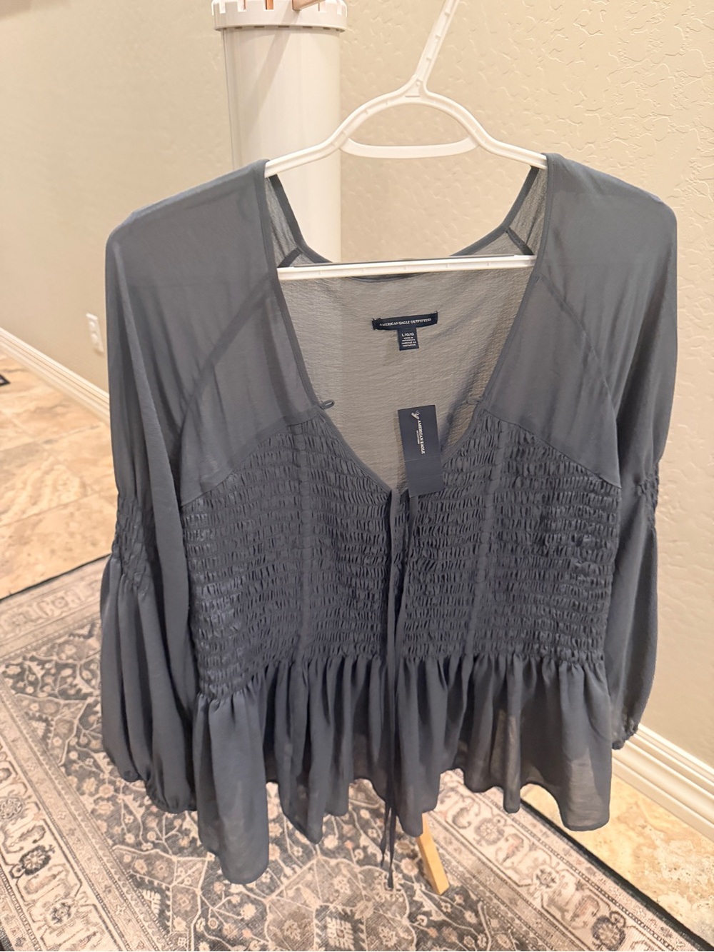 American Eagle Outfitters Slate Blue Smocked Peplum Tunic